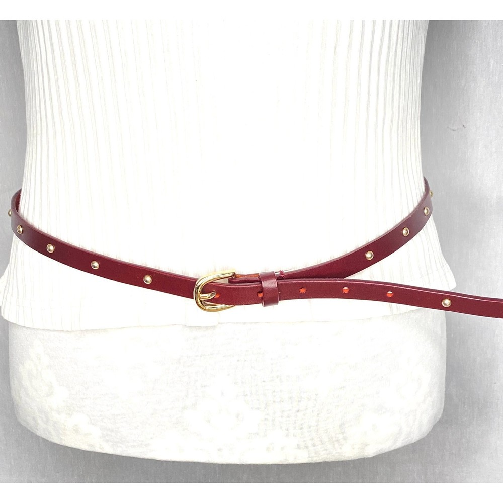 💎Skinny Belt Brown/Burgundy Faux Leather With Gold Studs All Around Size Medium